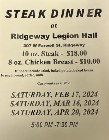 American Legion Steak Feed at Ridgeway Legion Hall